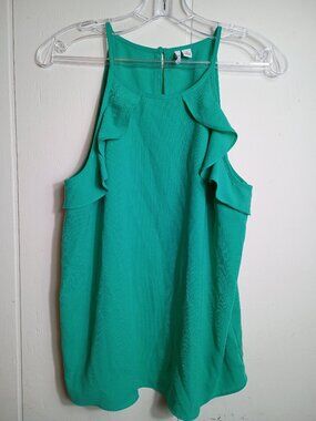 Elle Green Ruffle Crepe Tank Top Dress Shirt Womens Medium Sleeveless Blouse